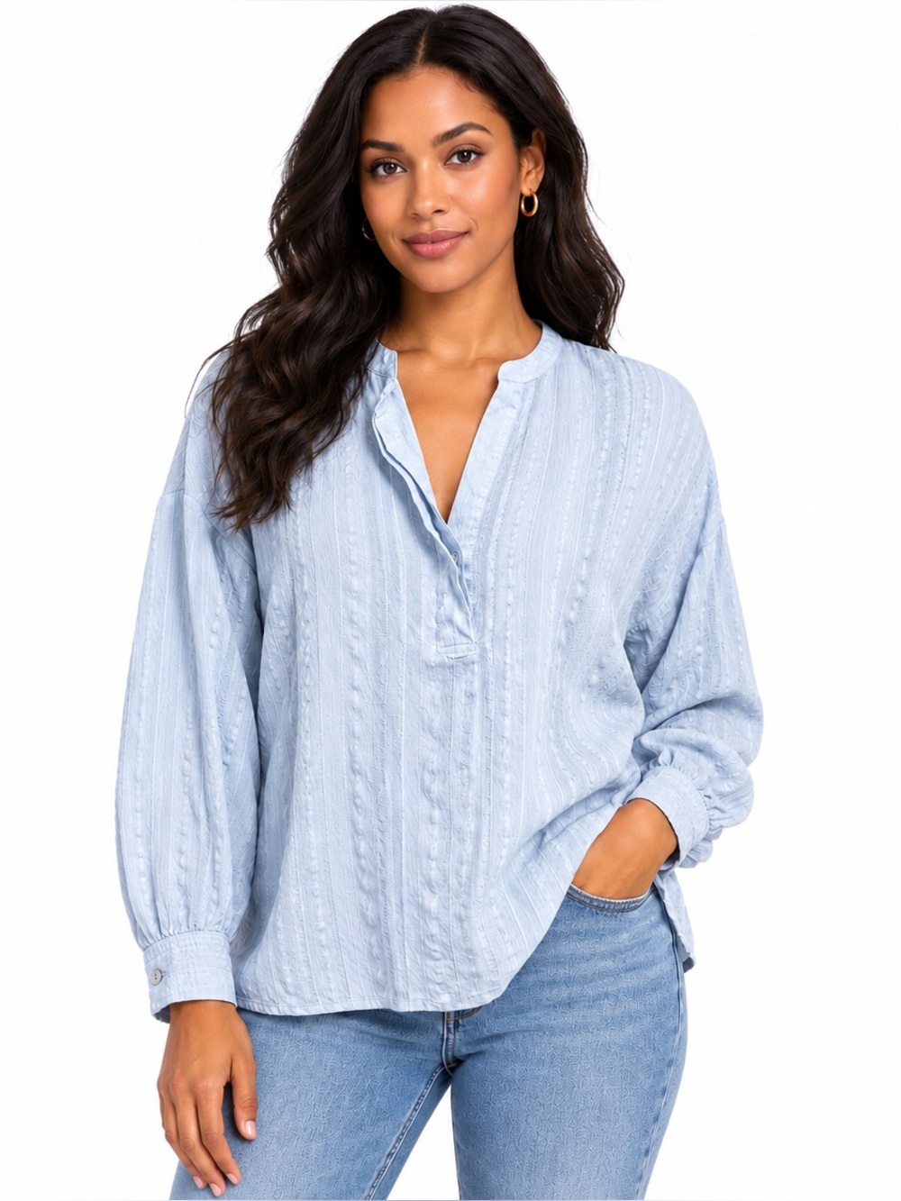 VINCE Blue Textured Stripe Split Neck Relaxed Long Sleeve Blouse Size L